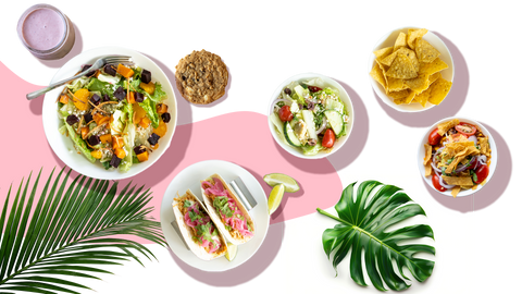 Tacos, salades, chili, smoothie et biscuit d'Olivia Bistro-Boutique sur un fond blanc et rose tropical